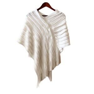 Envision Studio White Knit Poncho Sweater Fringe Tassel Flecked Winter Holiday